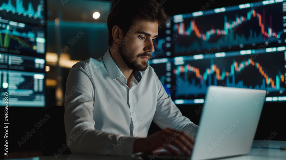 portrait of a businessman working on laptop computer for online trading sitting in modern office portrait of a businessman working on laptop computer for online trading sitting in modern office