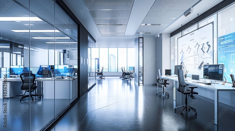 Modern Office Interior with Glass Walls and Desks Modern Office Interior with Glass Walls and Desks