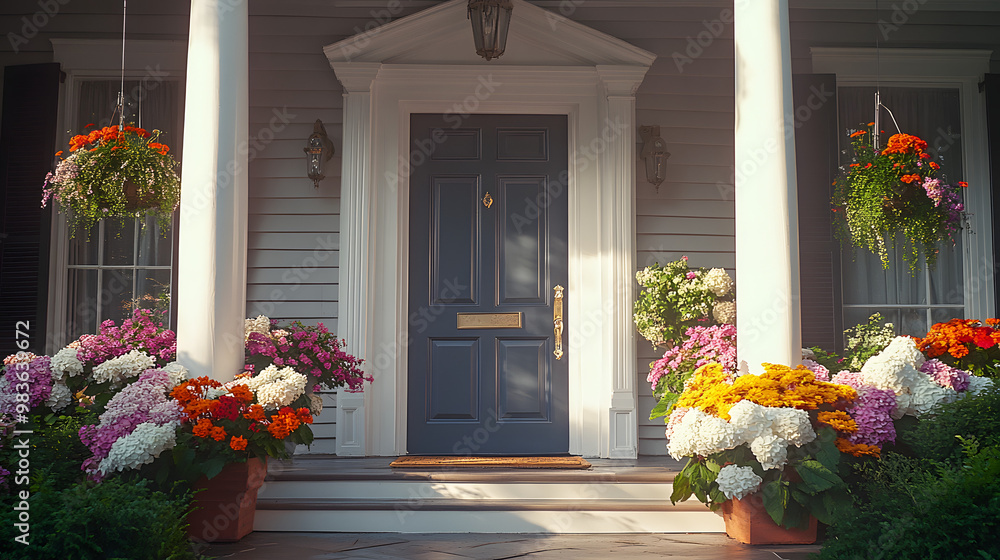 Fototapeta premium A charming house with a blue door, surrounded by colorful flowers in pots, bathed in warm sunlight.