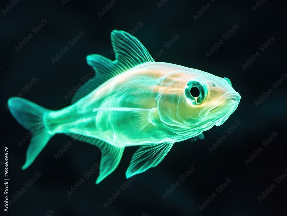 Fototapeta premium Bioluminescent fish moving stealthily through the dark waters, using quick, precise motions for survival in the abyss