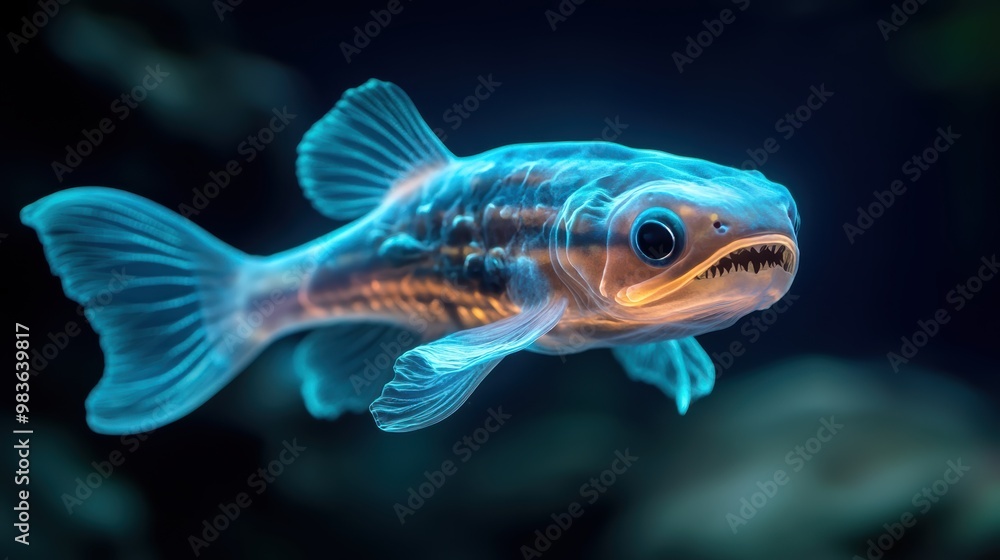 Fototapeta premium Fast-moving abyssal fish with bioluminescent patterns, weaving through the dark waters to evade predators