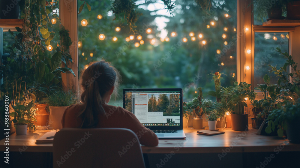 A high-resolution brightly lit photorealistic candid photograph of a woman who is working at her desk in her home office. she is working on her laptop and seems at peace. The photograph is styled like A high-resolution brightly lit photorealistic candid photograph of a woman who is working at her desk in her home office. she is working on her laptop and seems at peace. The photograph is styled like