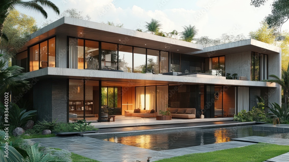 Modern house with large windows and pool surrounded by greenery. Modern house with large windows and pool surrounded by greenery.