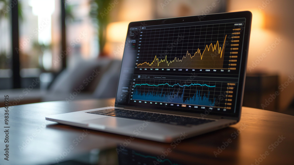 online trading business data statistics displayed on laptop screen on the table in modern office