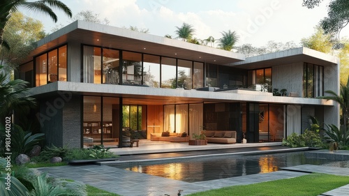 Modern house with large windows and pool surrounded by greenery.