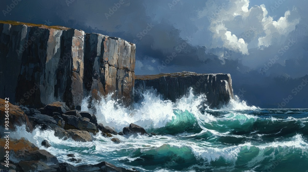 A dramatic seascape depicting crashing waves against rugged cliffs under a stormy sky. A dramatic seascape depicting crashing waves against rugged cliffs under a stormy sky.