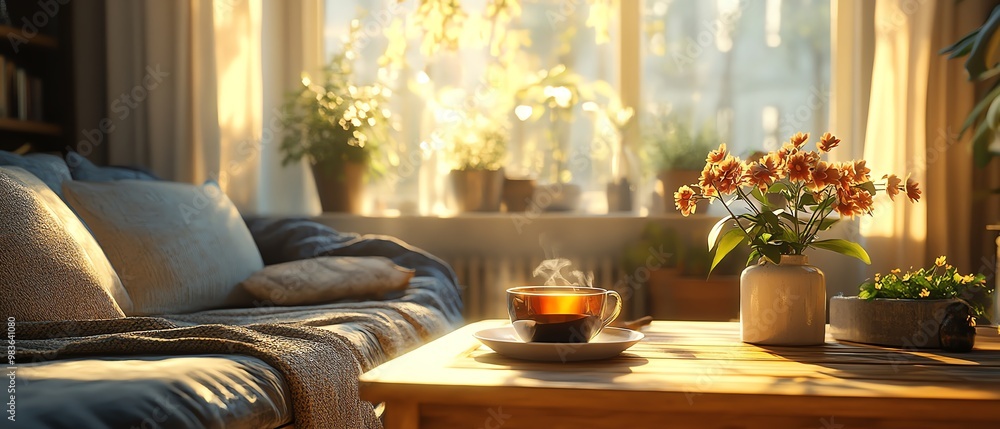 Detailed image of a person enjoying a cup of tea in a beautifully arranged room, with a focus on the tea cup, relaxed ambiance, and natural light enhancing the cozy setting Detailed image of a person enjoying a cup of tea in a beautifully arranged room, with a focus on the tea cup, relaxed ambiance, and natural light enhancing the cozy setting
