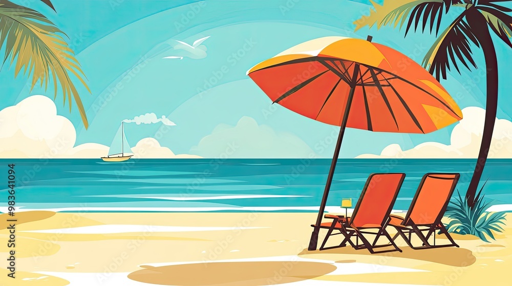 Obraz premium A serene beach scene with umbrellas and lounge chairs by the ocean.