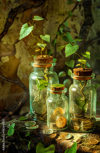 Concept of financial growth with plants sprouting from jars filled with coins, symbolizing investment and sustainability. Sunlight and green background enhance the theme of eco friendly finance