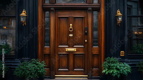 A classic wooden door with brass hardware and flanking plants, set against a black wall. photo