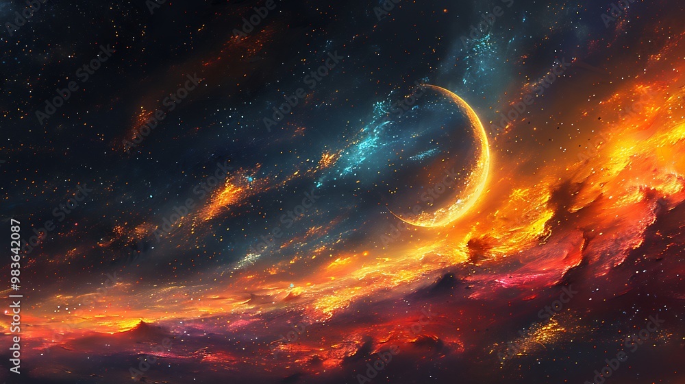 Night sky bursting with vibrant colors dynamic streaks of abstract light around a crescent moon Night sky bursting with vibrant colors dynamic streaks of abstract light around a crescent moon