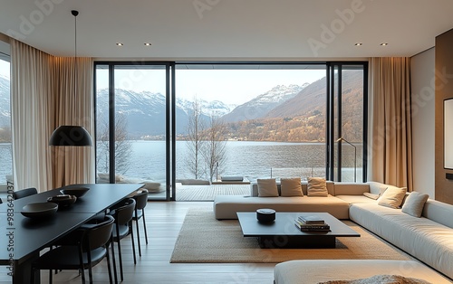 Modern minimalist small living room with large floortoceiling windows overlooking a lake and mountains photo