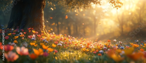 Sharp and realistic macro image of wildflowers in a moist Asian forest, featuring a grand tree and golden light that highlights the intricate details of the scene