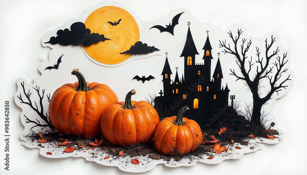 Halloween decorative realistic sticker pumkins, bats, moon and castle on transparent background Halloween decorative realistic sticker pumkins, bats, moon and castle on transparent background