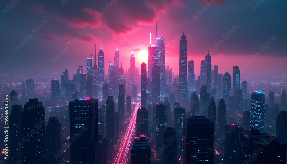 Fototapeta premium Cityscape at Dusk with Pink Sky and Street Lights