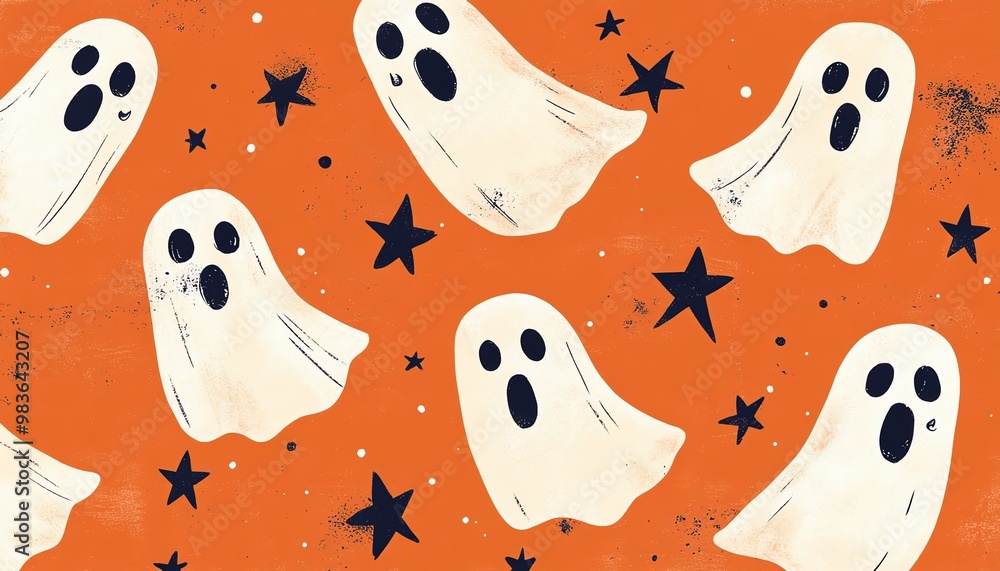 Ghosts and stars pattern in muted Halloween shades on a muted orange background, featuring a raw style and tiled design with stylization 175 Ghosts and stars pattern in muted Halloween shades on a muted orange background, featuring a raw style and tiled design with stylization 175