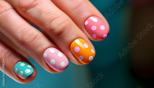 Model’s hand showcasing a playful polka dot nail design with bright pastel shades.