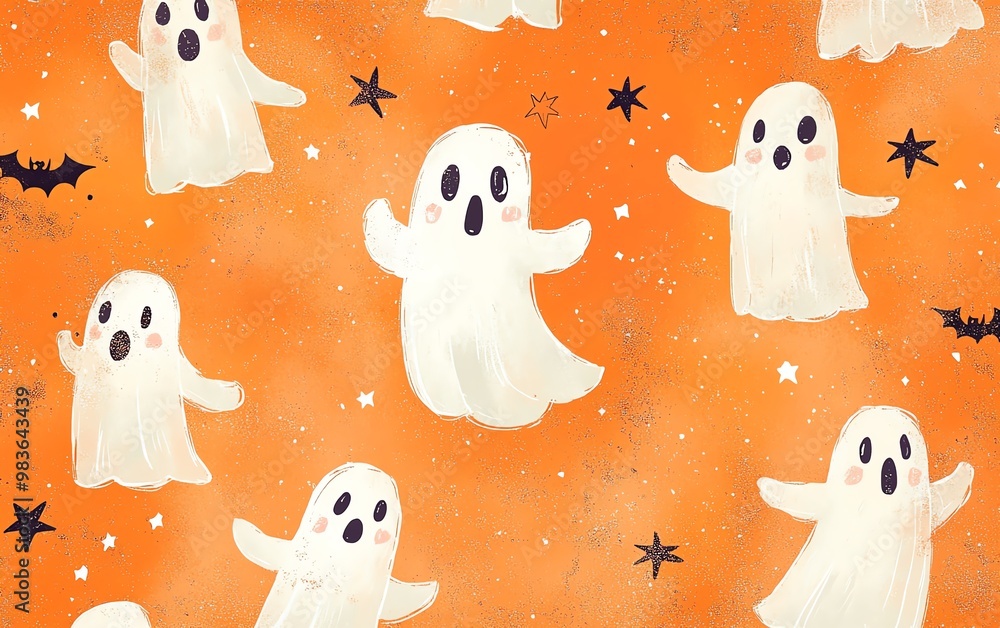 Muted orange backdrop with a rawstyle tile pattern of ghosts and stars in Halloween colors, emphasizing a stylization of 175 Muted orange backdrop with a rawstyle tile pattern of ghosts and stars in Halloween colors, emphasizing a stylization of 175