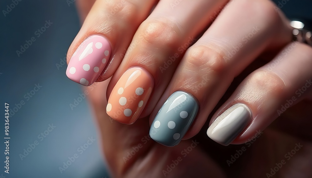 Model’s hand showcasing a playful polka dot nail design with bright pastel shades. Model’s hand showcasing a playful polka dot nail design with bright pastel shades.