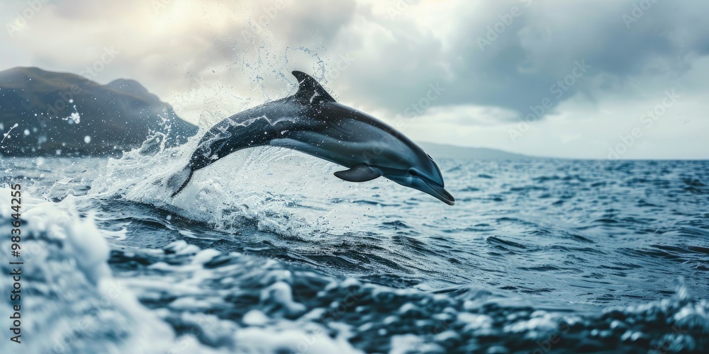 Obraz premium A dark dolphin soaring elegantly