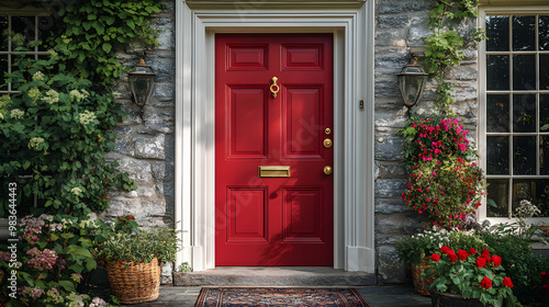 Red front door with golden hardware on a stone house with potted plants and flowers.