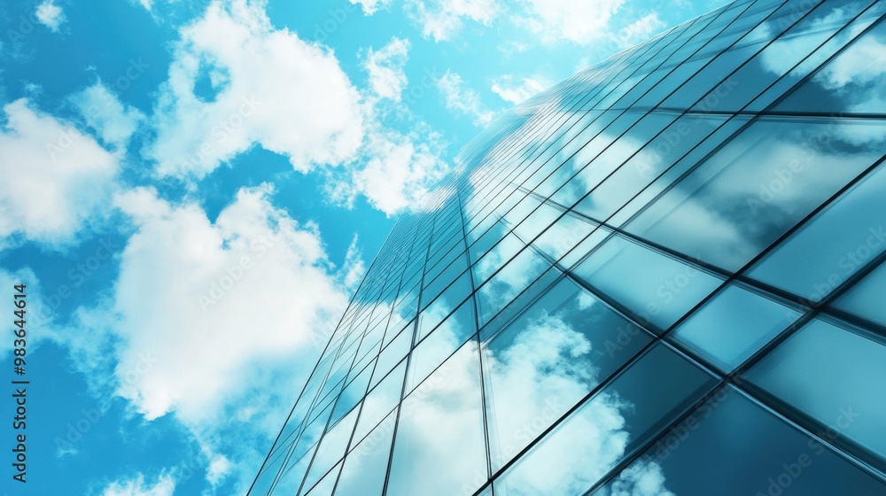 A modern office building rises into the sky, with its glass reflecting the clouds and vast space for copy text A modern office building rises into the sky, with its glass reflecting the clouds and vast space for copy text