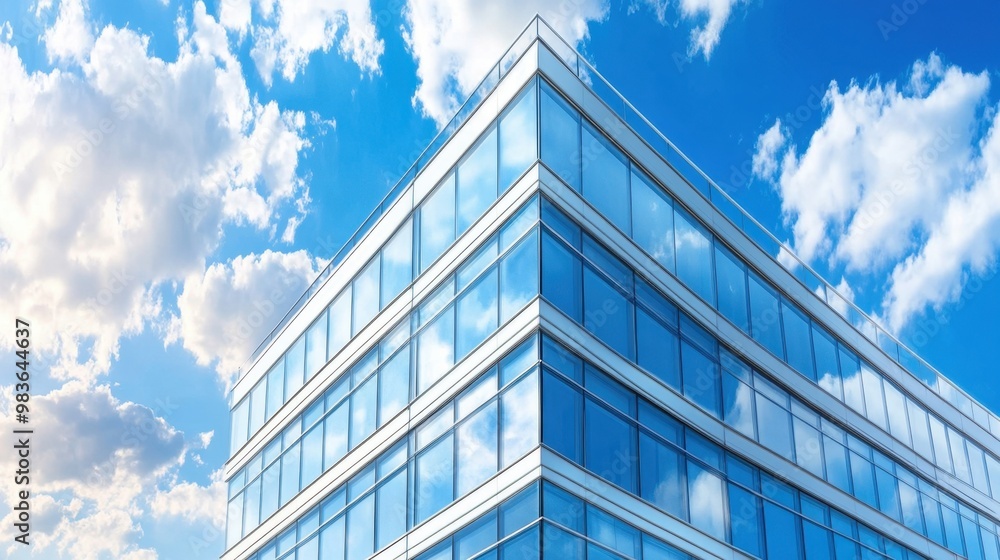 Fototapeta premium A modern office building stands tall against a wide-open sky, offering ample space for business-themed copy text