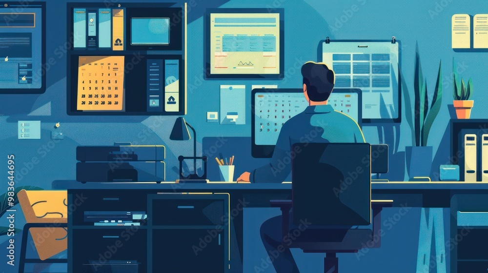 Fototapeta premium Man Working in a Modern Office with Blue Walls