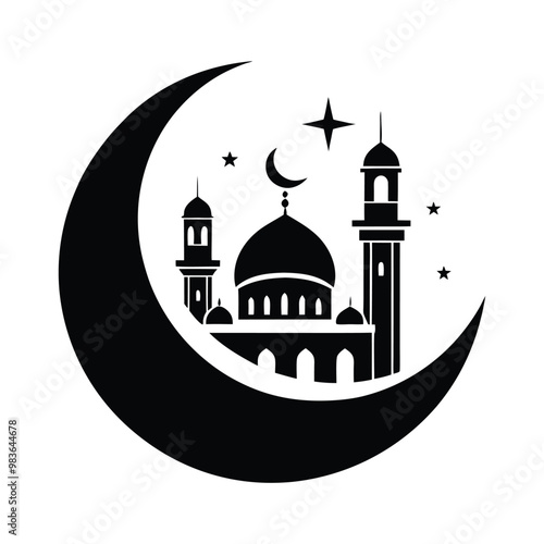 Black silhouette of a Islamic mosque and crescent with lanterns. Eid Mubarak logo. vector illustration	