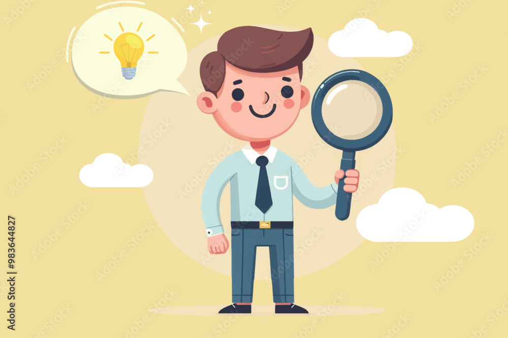 Concept of science, technology and looking for ideas, Young businessman holding a magnifying glass next to a burning lamp as a symbol of a bright idea Concept of science, technology and looking for ideas, Young businessman holding a magnifying glass next to a burning lamp as a symbol of a bright idea