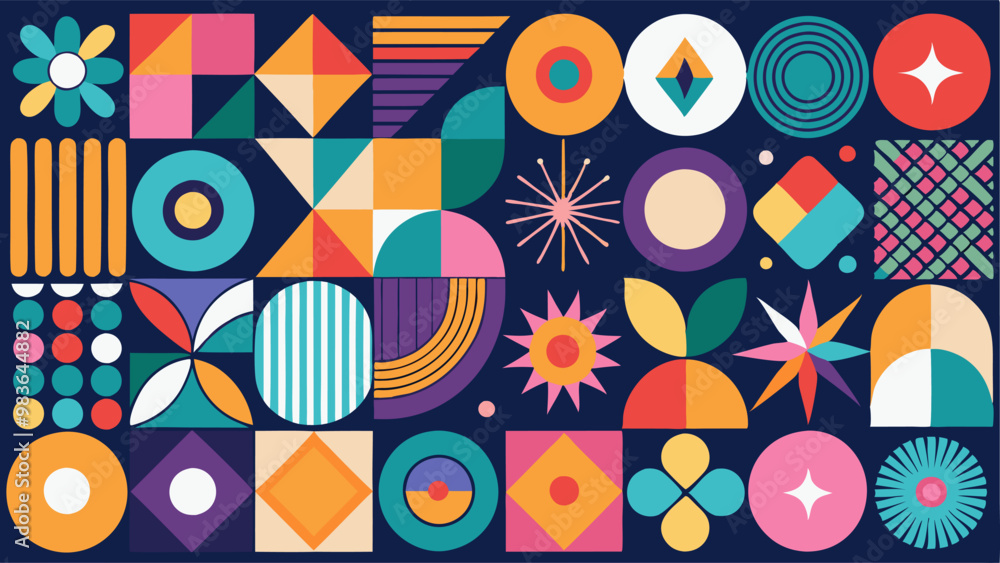 Fototapeta premium vector set of brutalist geometric shapes. Trendy abstract minimalist figures, stars, flowes, circles. Modern abstract graphic design elements.Vector illustration