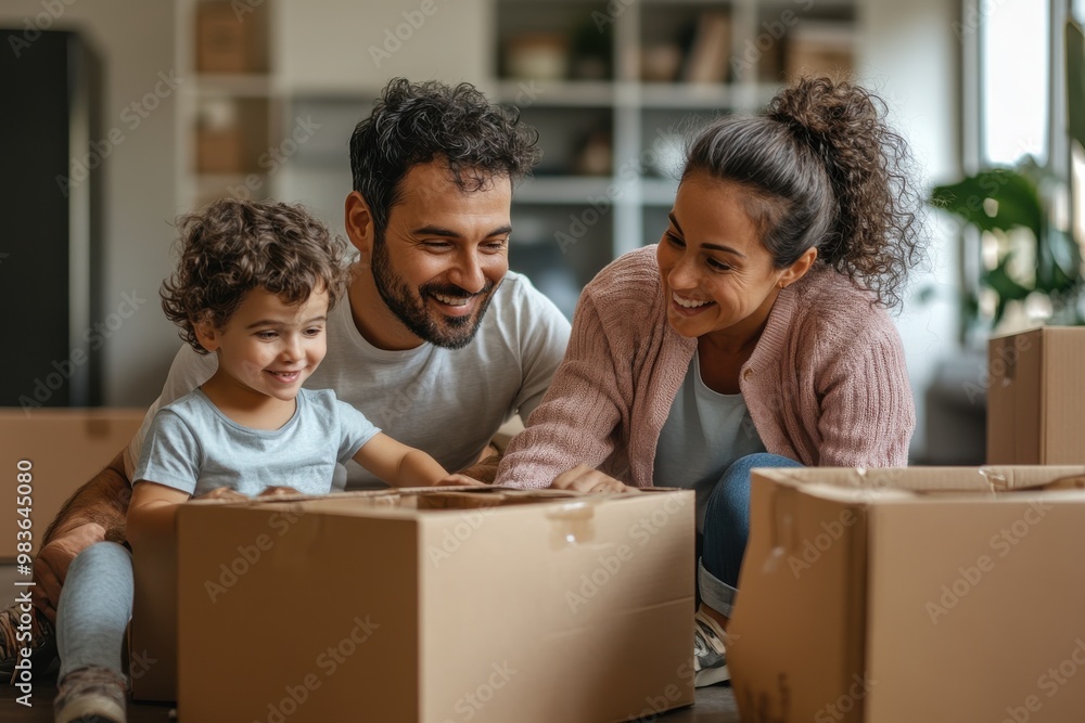 A family of three, a man, a woman and a child, are sitting in a room with boxes A family of three, a man, a woman and a child, are sitting in a room with boxes