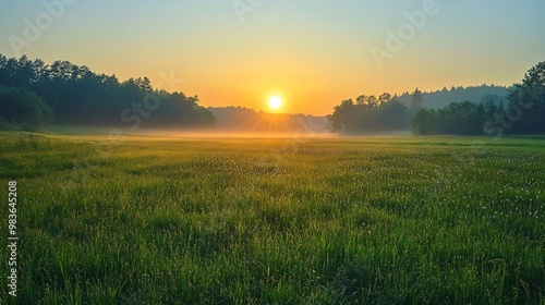 Sunbeams Through Fog Over a Grassy Field at Sunrise