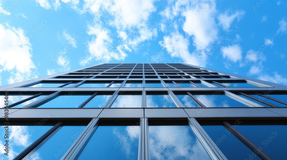 A multi-storey office tower stretches upward against the sky, perfect for corporate themes and business content with space for text A multi-storey office tower stretches upward against the sky, perfect for corporate themes and business content with space for text