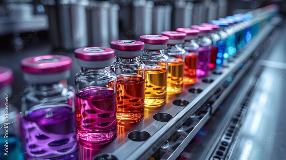 Row of glass vials with different colored liquids symbolizing the diversity and innovation in medical research Row of glass vials with different colored liquids symbolizing the diversity and innovation in medical research