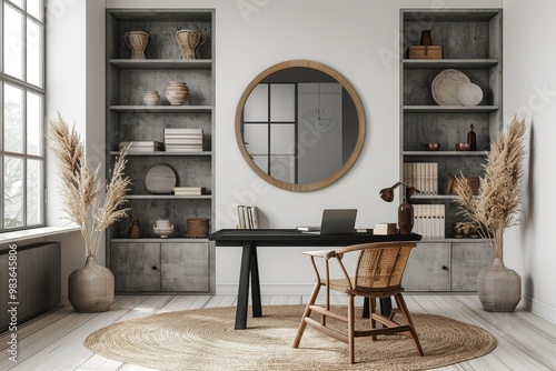 Modern home office with rattan chairs, black wooden desk, wall mirror, grey concrete bookcase with Japanese patterns, and Scandinavian minimalism decor.