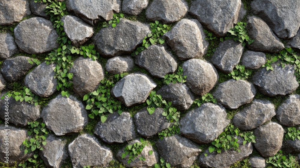 A textured stone wall with green vines growing between the rocks. A textured stone wall with green vines growing between the rocks.