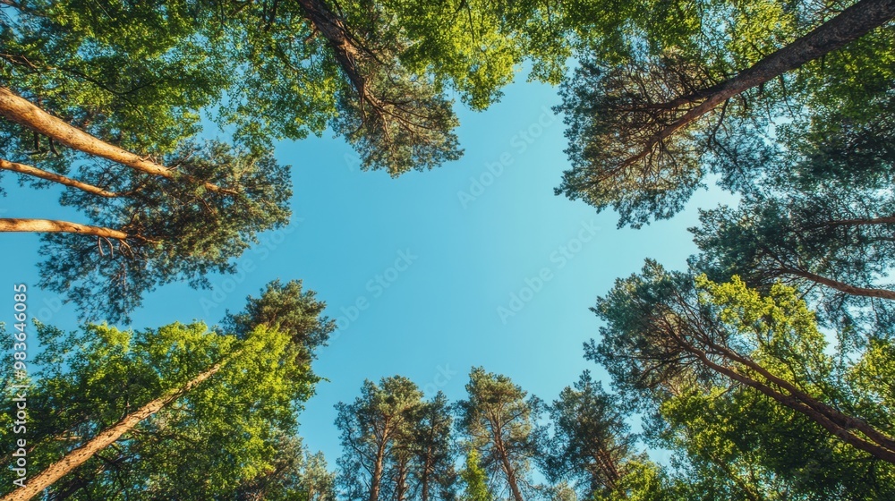 Fototapeta premium A panoramic view of towering green trees against a clear blue sky. Perfect for framing nature-themed content with ample copy space