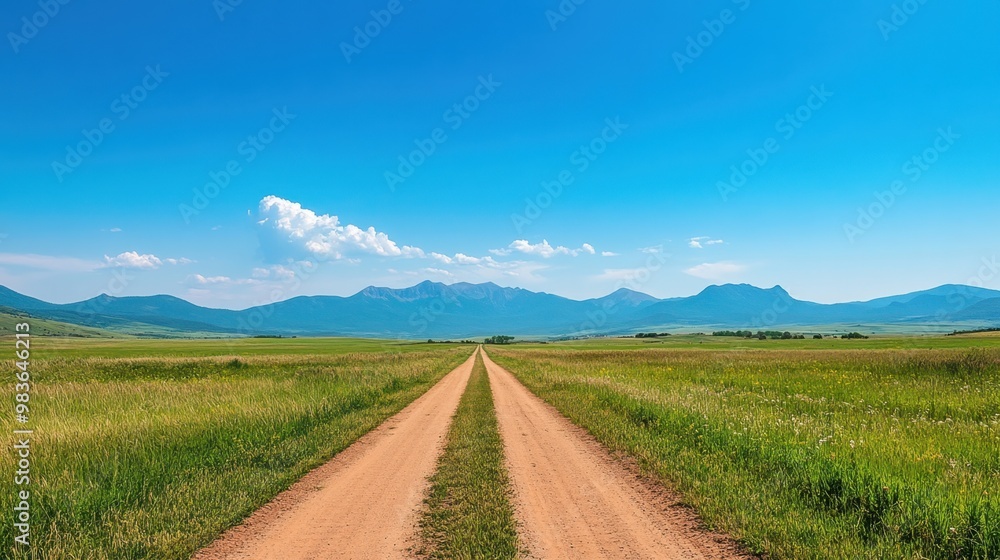 Obraz premium A peaceful dirt road crosses a vast open field with mountains in the distance under a clear blue sky. Perfect for adventure and exploration