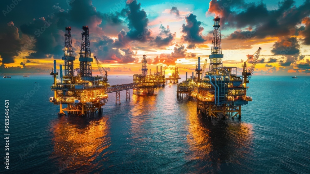 A group of oil rigs are in the water with the sun setting in the background A group of oil rigs are in the water with the sun setting in the background