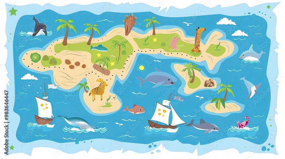 A detailed sea scenery map presenting a wide view of the sea. The map shows the various features of the sea such as the coastline, islands, and reefs A detailed sea scenery map presenting a wide view of the sea. The map shows the various features of the sea such as the coastline, islands, and reefs