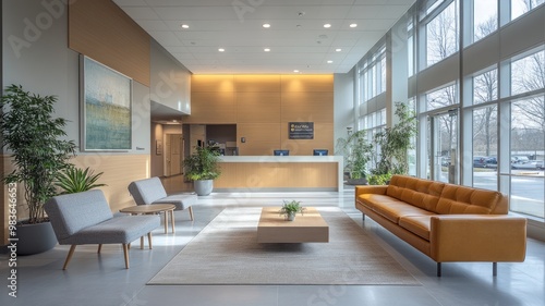 Modern reception area with seating and greenery for visitors.