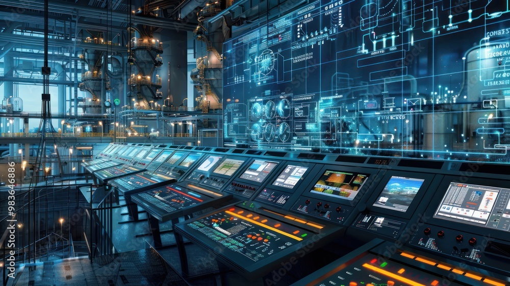 Futuristic Control Room with Digital Interface Futuristic Control Room with Digital Interface