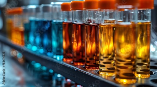 Row of neatly labeled test tubes in a laboratory rack symbolizing precision and organization in medical research