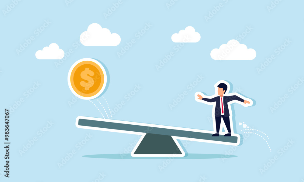 A businessman jumping on one side of a seesaw, causing dollar coins to bounce up from the other side, illustrating the increase in dollar valuation due to market movement and demand A businessman jumping on one side of a seesaw, causing dollar coins to bounce up from the other side, illustrating the increase in dollar valuation due to market movement and demand