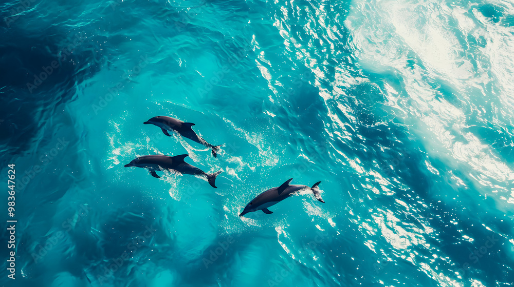 Obraz premium Aerial view Group of dolphins swimming in the ocean with crashing waves, symbolizing the beauty of marine life. Protect animals and the ocean environment. Background marine life