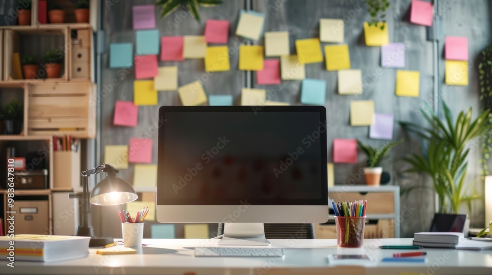 computer monitor and sticky notes in a light office generative ai computer monitor and sticky notes in a light office generative ai