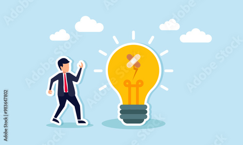 A businessman just patched a broken lightbulb with tape, illustrating the process of refining and evaluating ideas that emerge as business innovations