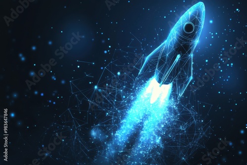 A blue rocket is flying through a starry sky