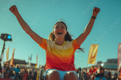 A woman in a wheelchair is smiling and celebrating with her arms raised